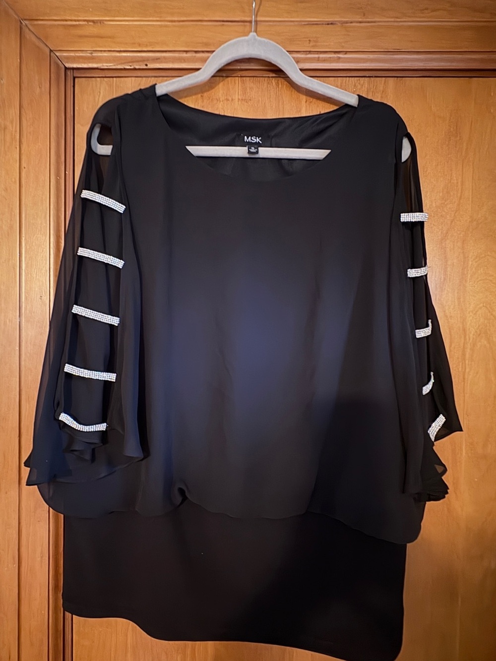 MSK Black Chiffon Overlay Blouse with Rhinestone Ladder Sleeves